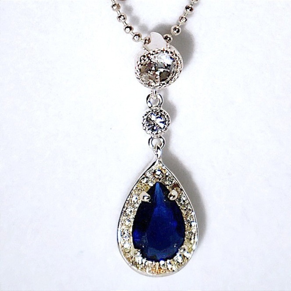 Swarovski Crystal Blue Pear Pendant Necklace Silver Plated 2in Extender New